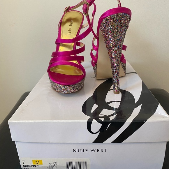 Nine West Warm Candy Pink Sparkle Heel Sandal - Size 7M - Picture 3 of 4